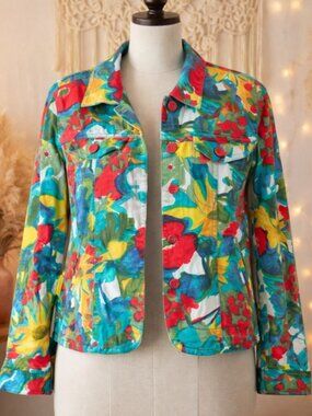 Coldwater Creek Jacket XS Watercolor Art to Wear Artsy Dopamine Boho Floral